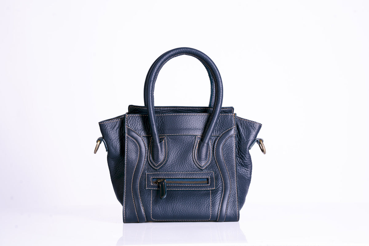 Structured Pebbled Leather Tote with hooped handles and shoulder strap
