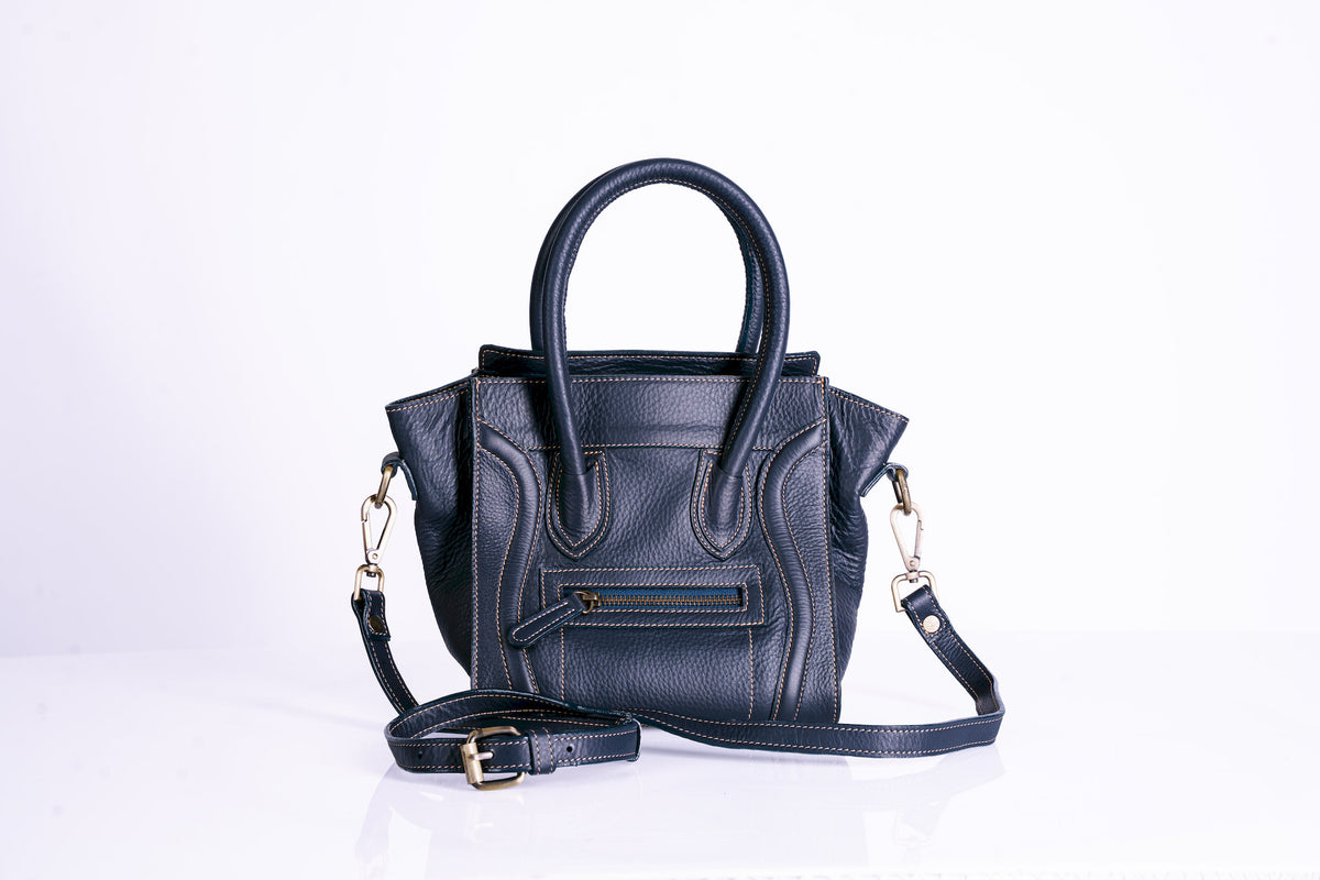 Structured Pebbled Leather Tote with hooped handles and shoulder strap
