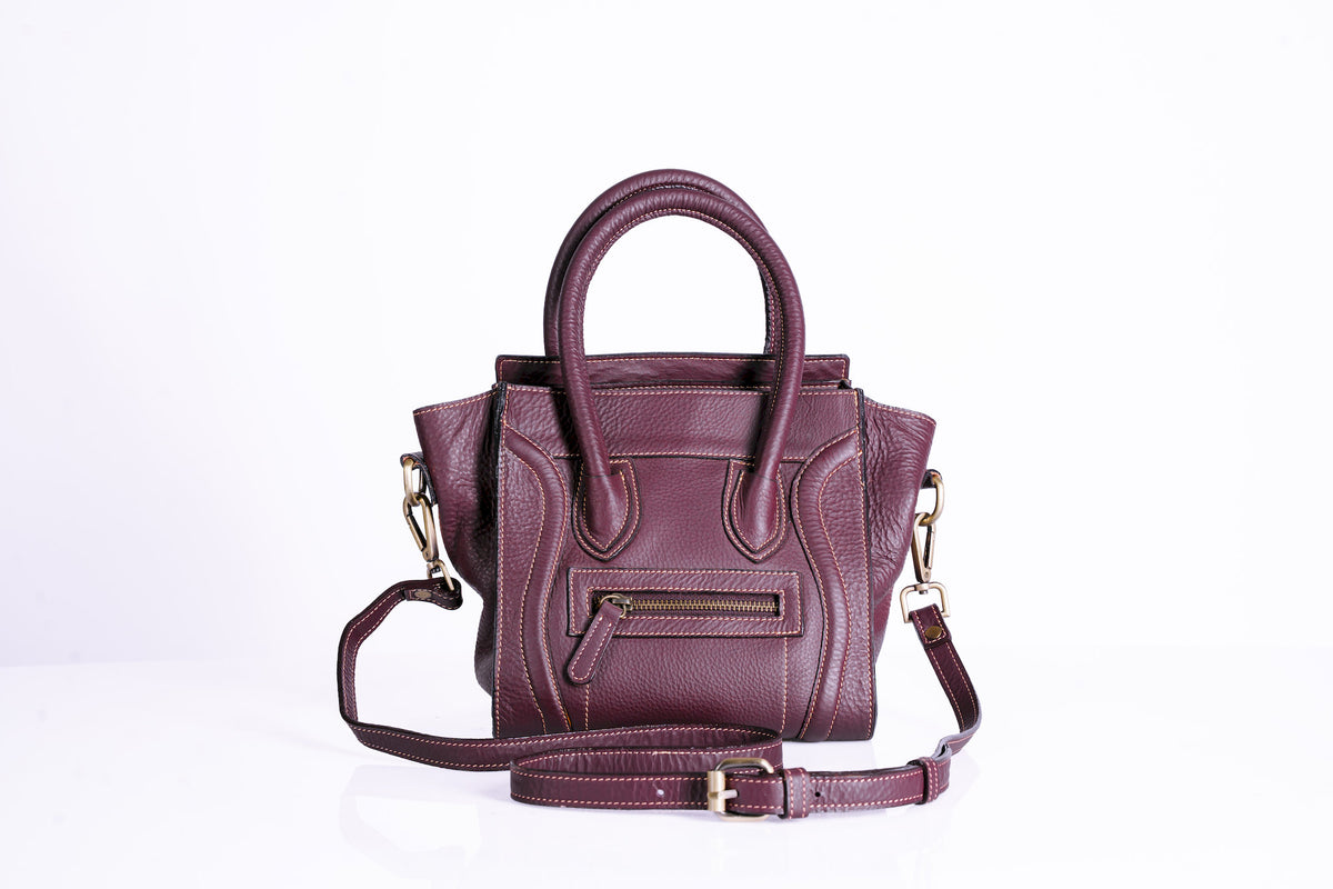 Structured Pebbled Leather Tote with hooped handles and shoulder strap