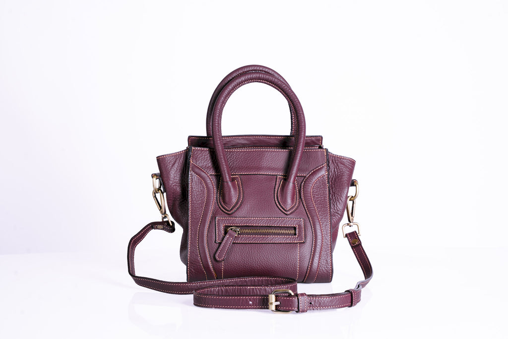 Structured Pebbled Leather Tote with hooped handles and shoulder strap