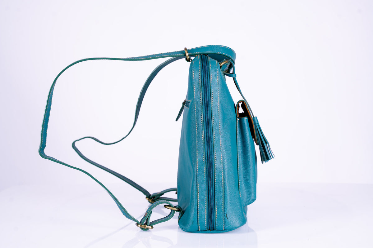 Teal Leather Bucket Hand Bag Doubles as Backpack