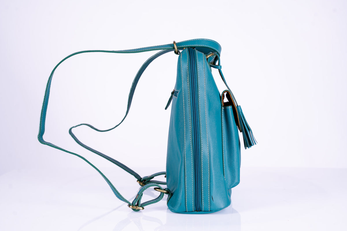 Teal Leather Bucket Hand Bag Doubles as Backpack