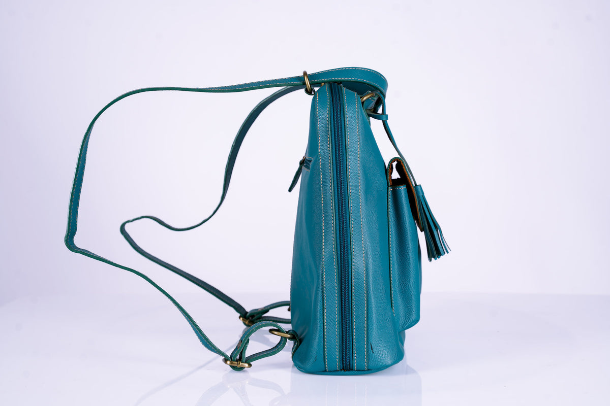 Teal Leather Bucket Hand Bag Doubles as Backpack