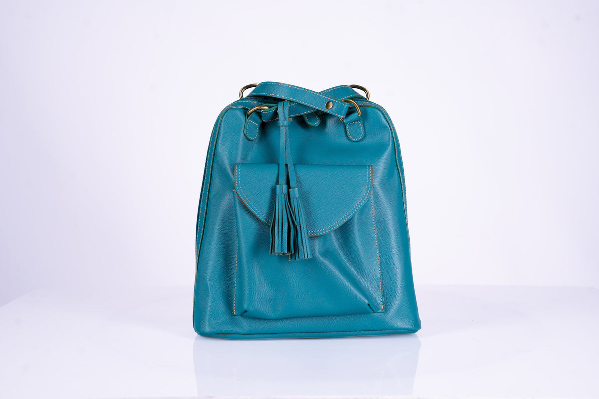 Teal Leather Bucket Hand Bag Doubles as Backpack