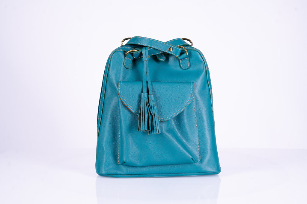 Teal Leather Bucket Hand Bag Doubles as Backpack