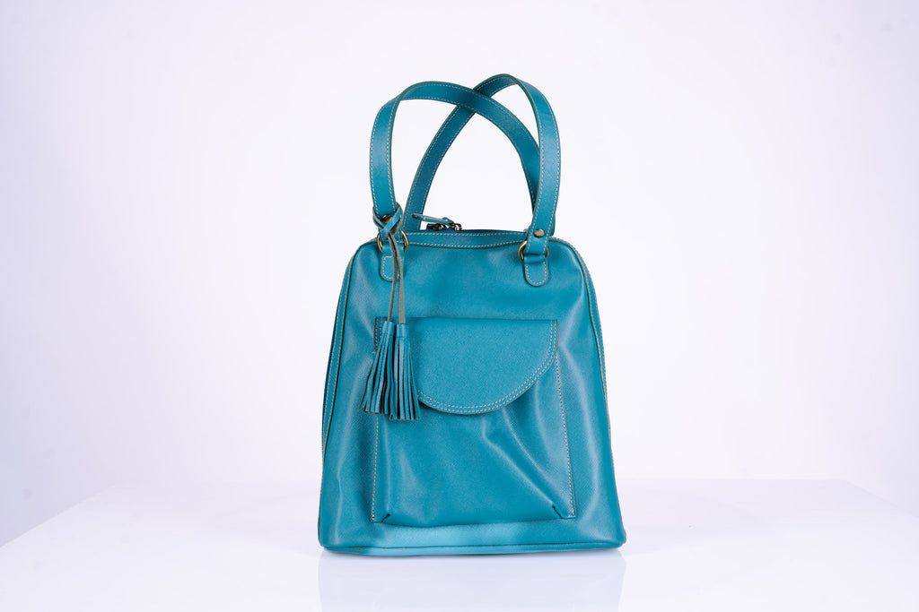 Teal Leather Bucket Hand Bag Doubles as Backpack