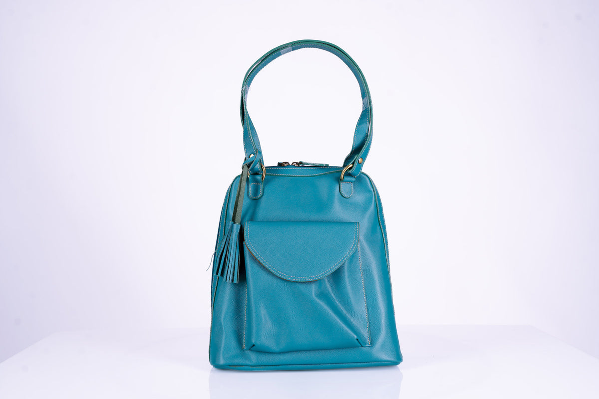 Teal Leather Bucket Hand Bag Doubles as Backpack