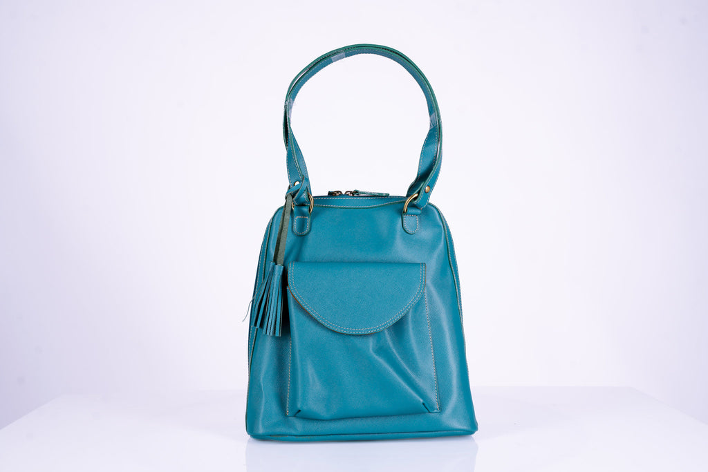 Teal Leather Bucket Hand Bag Doubles as Backpack