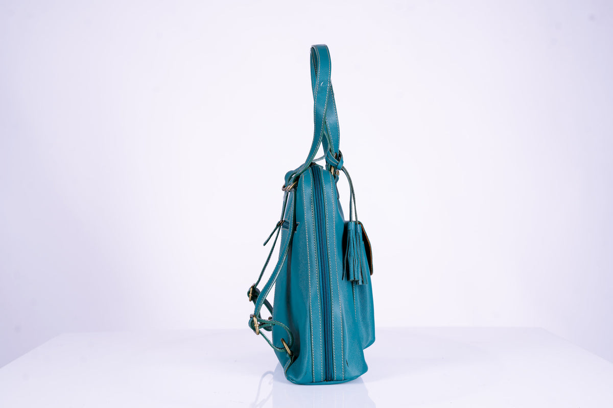 Teal Leather Bucket Hand Bag Doubles as Backpack