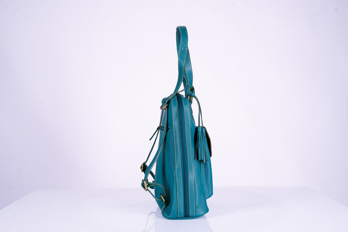 Teal Leather Bucket Hand Bag Doubles as Backpack