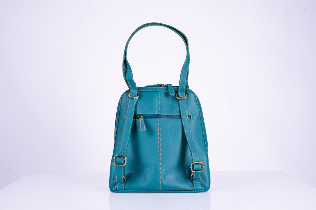 Teal Leather Bucket Hand Bag Doubles as Backpack