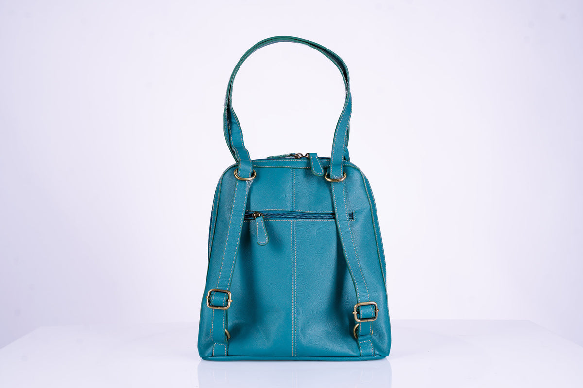 Teal Leather Bucket Hand Bag Doubles as Backpack