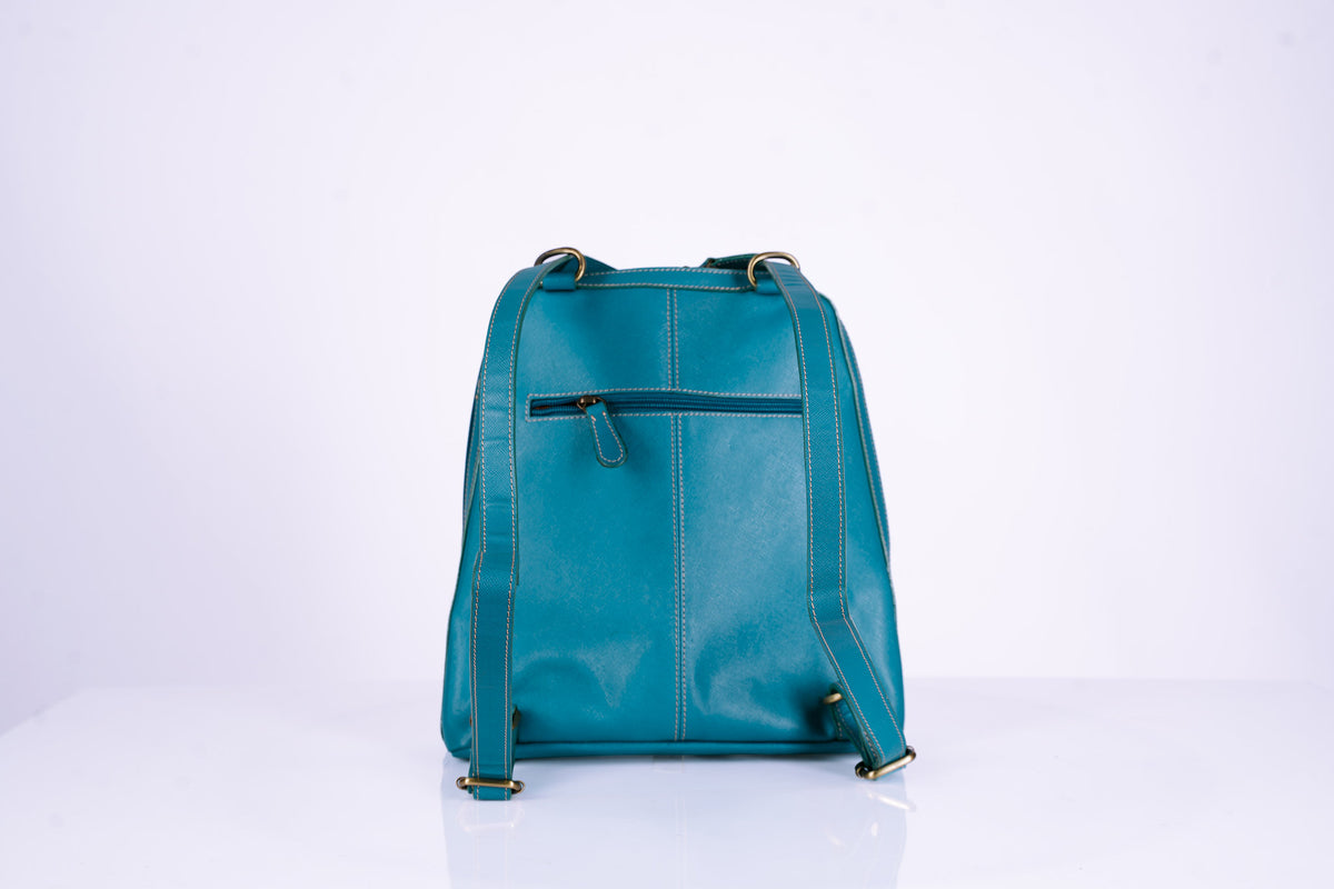 Teal Leather Bucket Hand Bag Doubles as Backpack