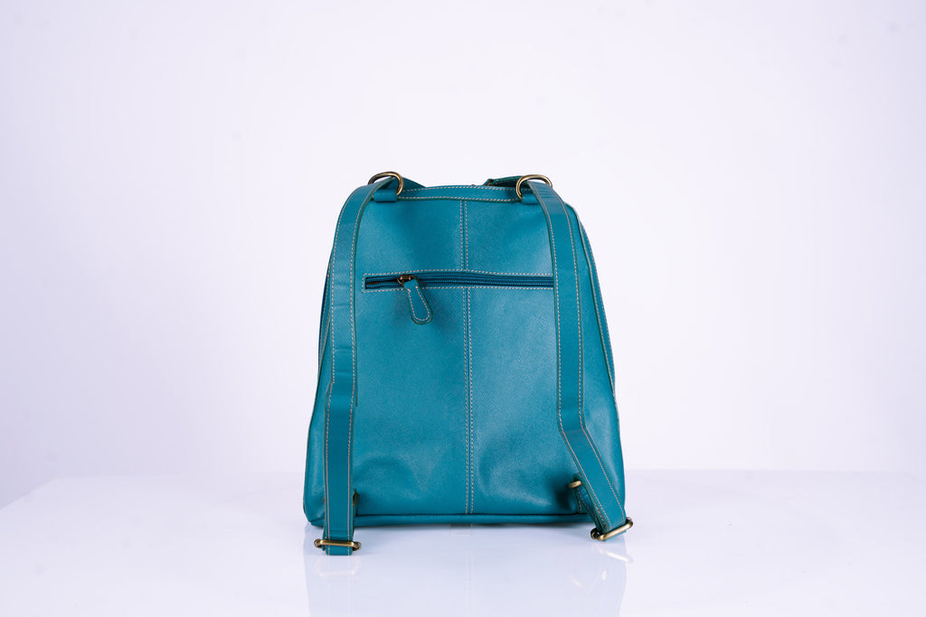 Teal Leather Bucket Hand Bag Doubles as Backpack