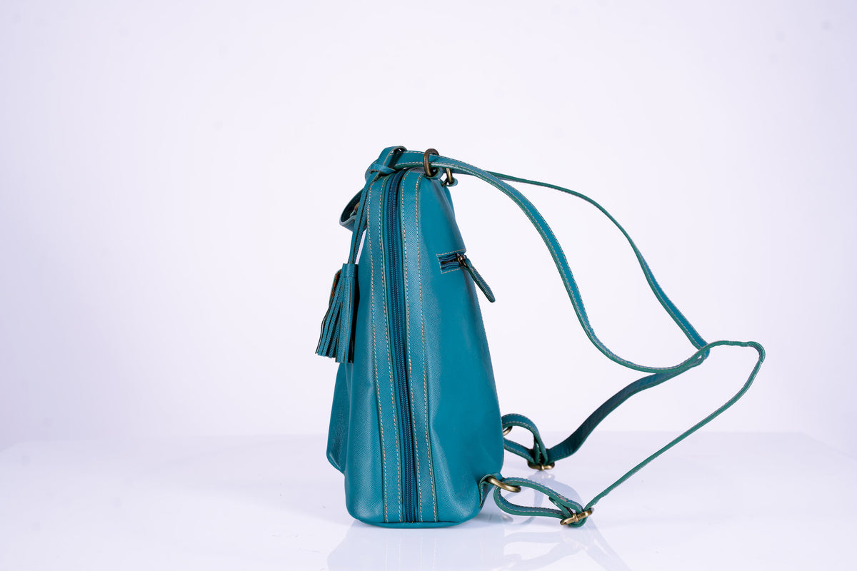 Teal Leather Bucket Hand Bag Doubles as Backpack