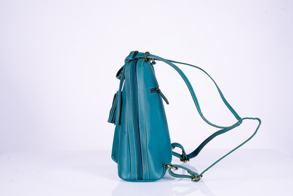 Teal Leather Bucket Hand Bag Doubles as Backpack