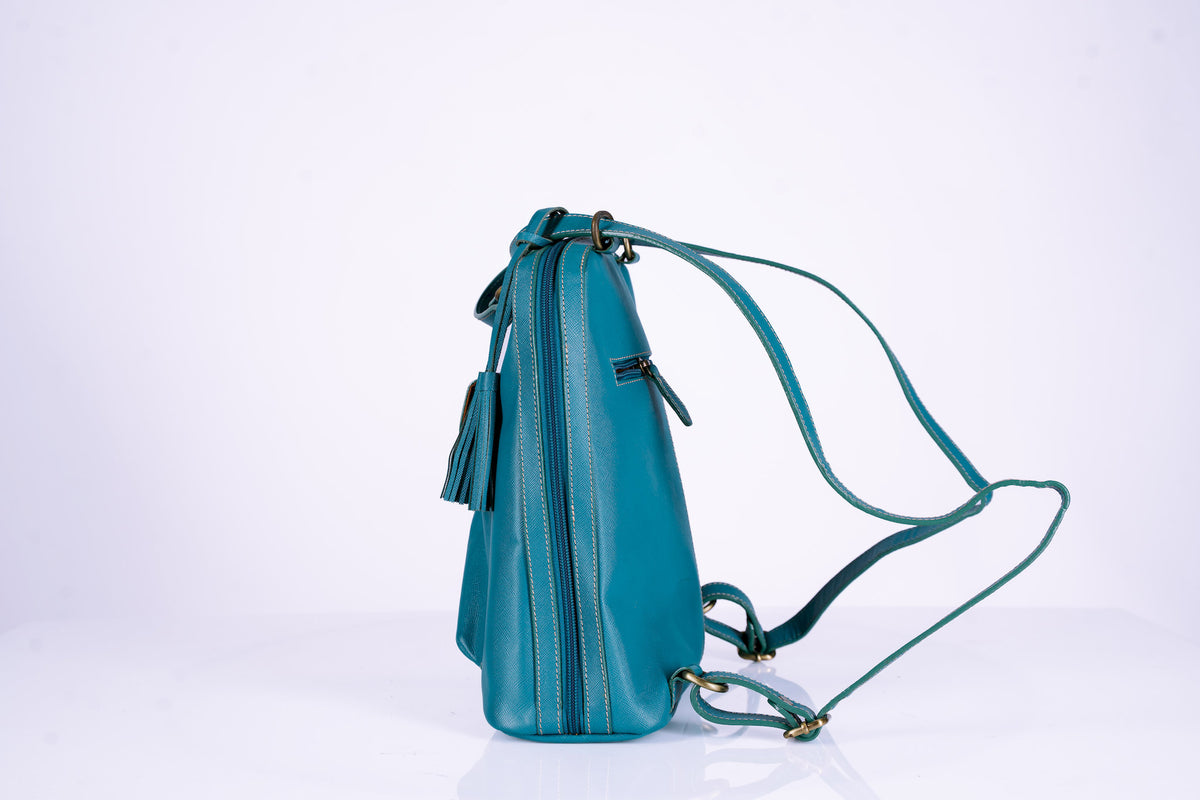Teal Leather Bucket Hand Bag Doubles as Backpack
