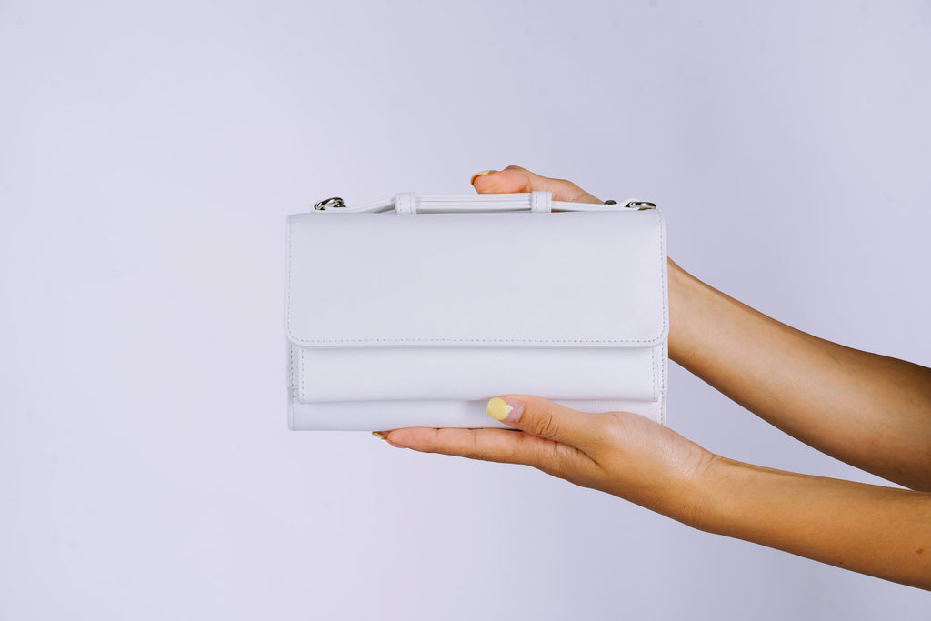 Structured Leather Clutch with Flap, Handle and Shoulder Strap
