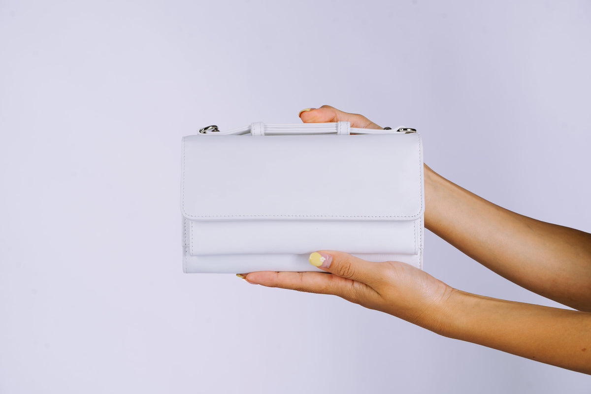Structured Leather Clutch with Flap, Handle and Shoulder Strap