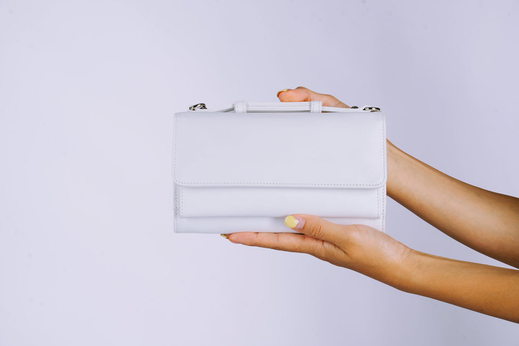 Structured Leather Clutch with Flap, Handle and Shoulder Strap