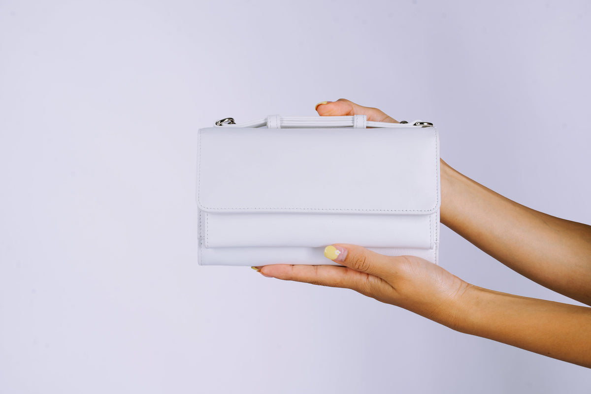 Structured Leather Clutch with Flap, Handle and Shoulder Strap