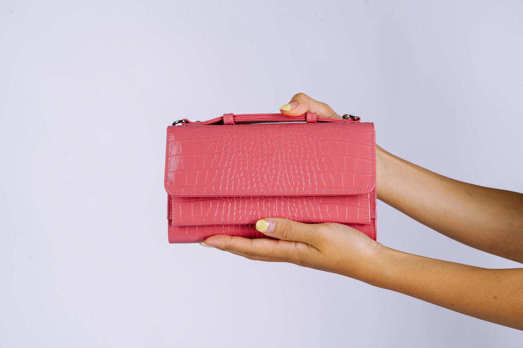 Structured Leather Clutch with Flap, Handle and Shoulder Strap
