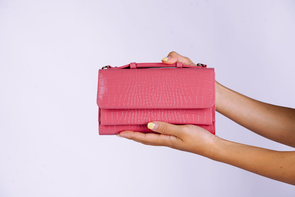 Structured Leather Clutch with Flap, Handle and Shoulder Strap
