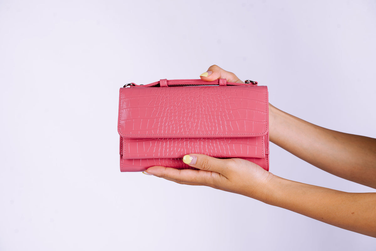 Structured Leather Clutch with Flap, Handle and Shoulder Strap