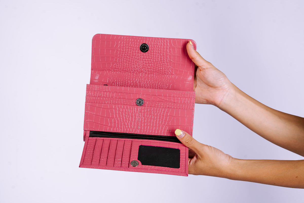 Structured Leather Clutch with Flap, Handle and Shoulder Strap