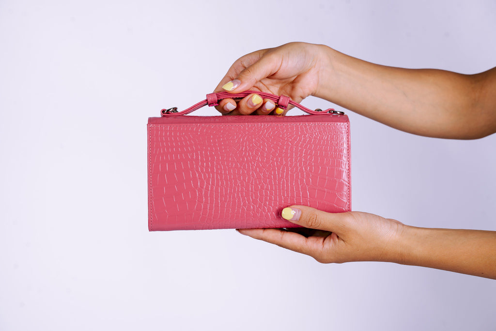 Structured Leather Clutch with Flap, Handle and Shoulder Strap