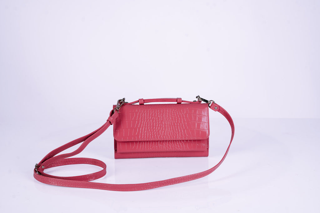 Structured Leather Clutch with Flap, Handle and Shoulder Strap