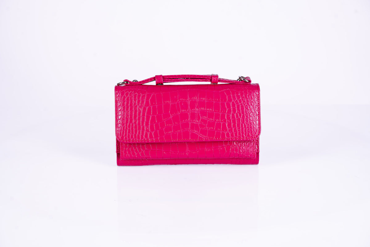 Structured Leather Clutch with Flap, Handle and Shoulder Strap