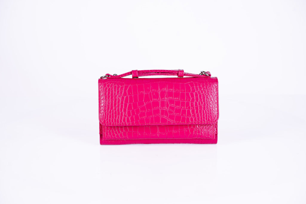 Structured Leather Clutch with Flap, Handle and Shoulder Strap