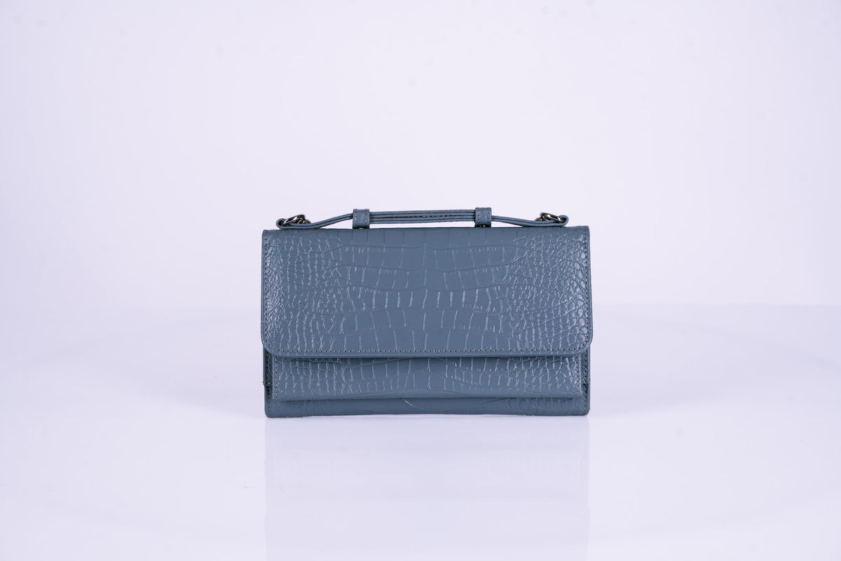 Structured Leather Clutch with Flap, Handle and Shoulder Strap