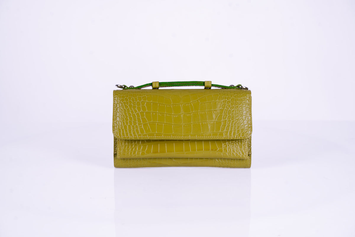 Structured Leather Clutch with Flap, Handle and Shoulder Strap