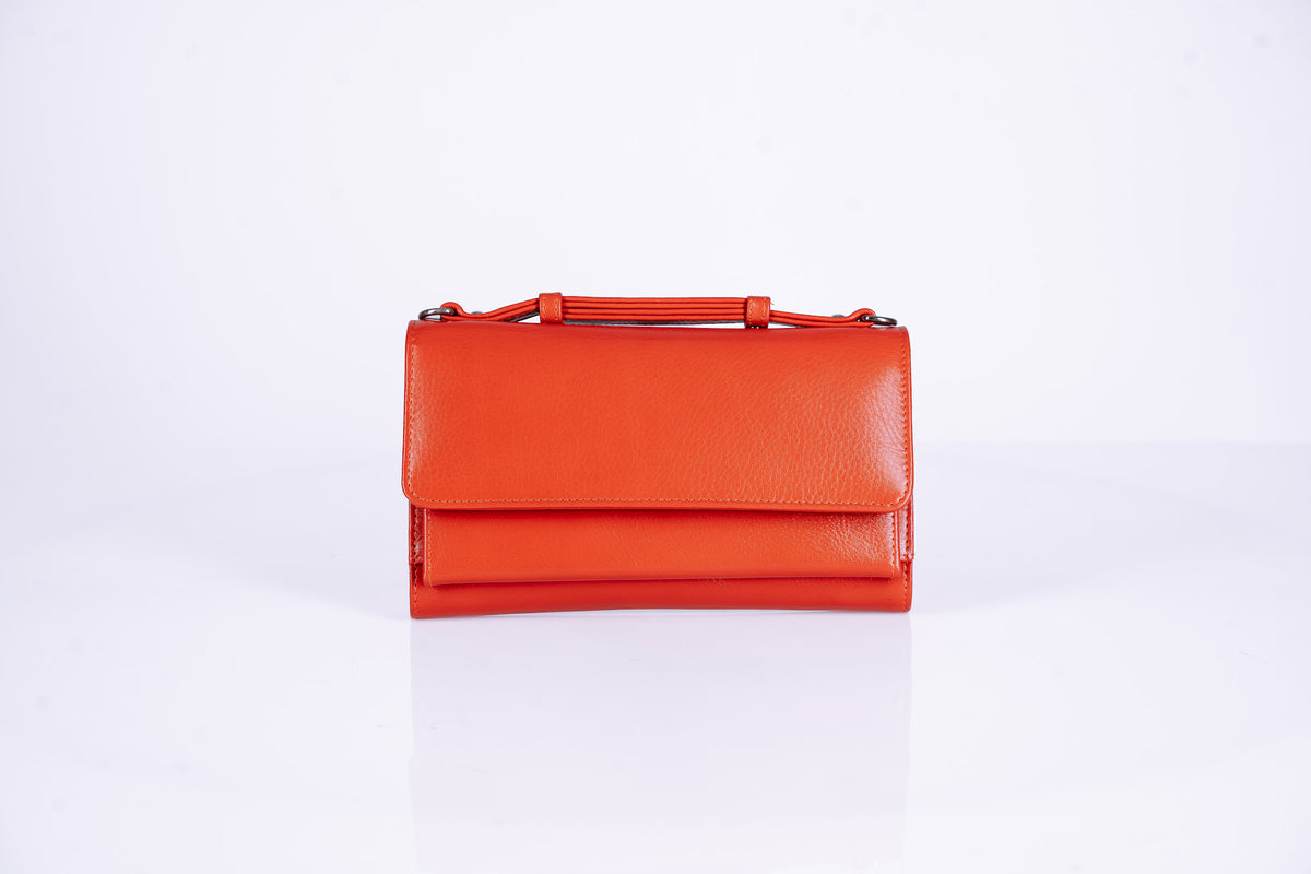 Structured Leather Clutch with Flap, Handle and Shoulder Strap
