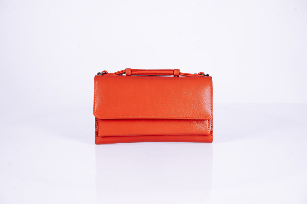 Structured Leather Clutch with Flap, Handle and Shoulder Strap