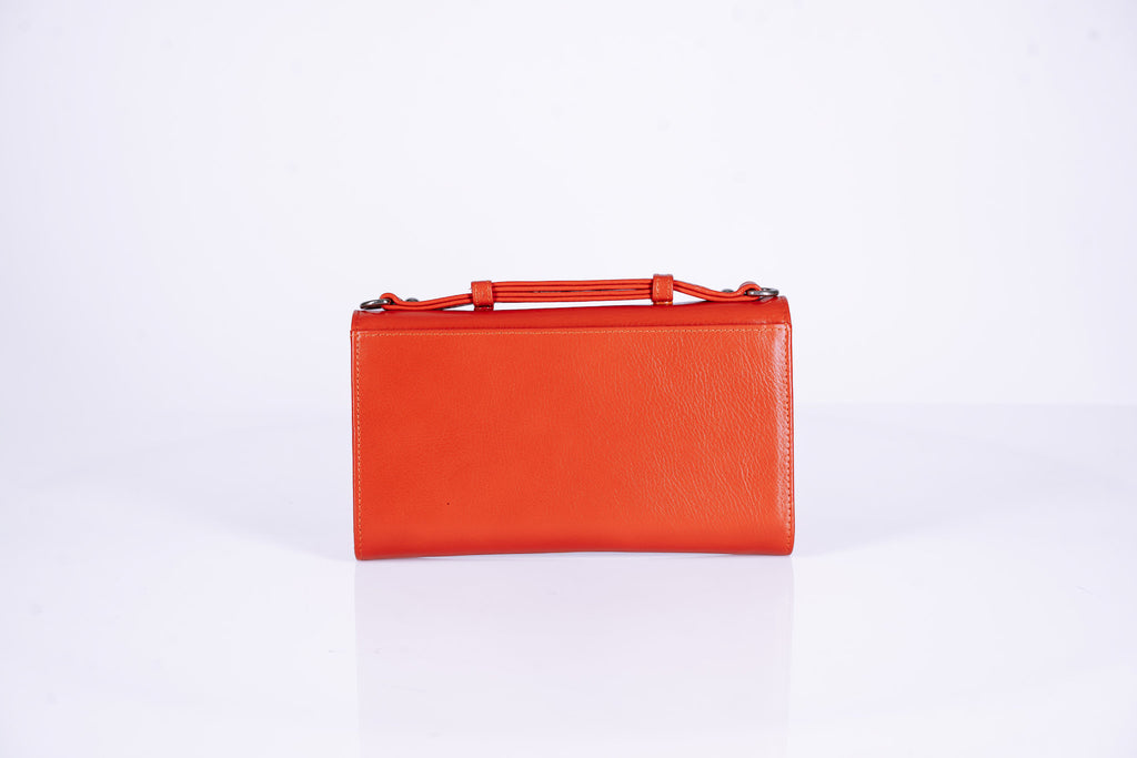 Structured Leather Clutch with Flap, Handle and Shoulder Strap