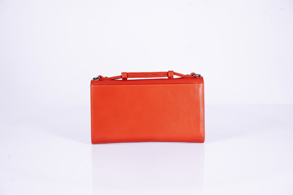 Structured Leather Clutch with Flap, Handle and Shoulder Strap