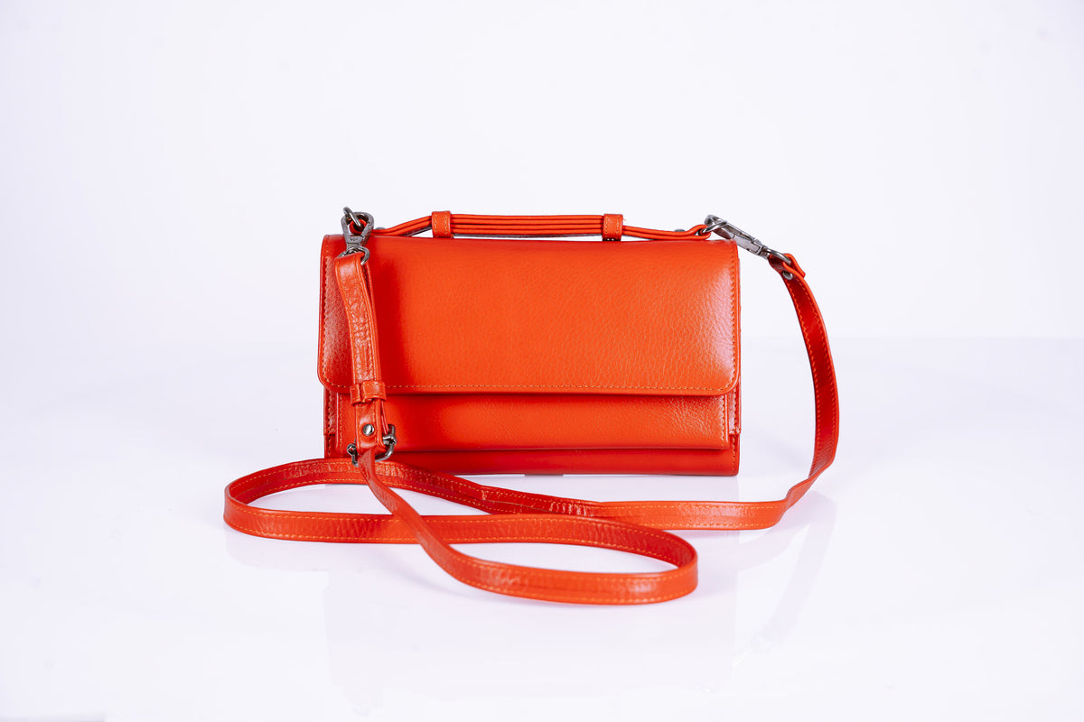 Structured Leather Clutch with Flap, Handle and Shoulder Strap