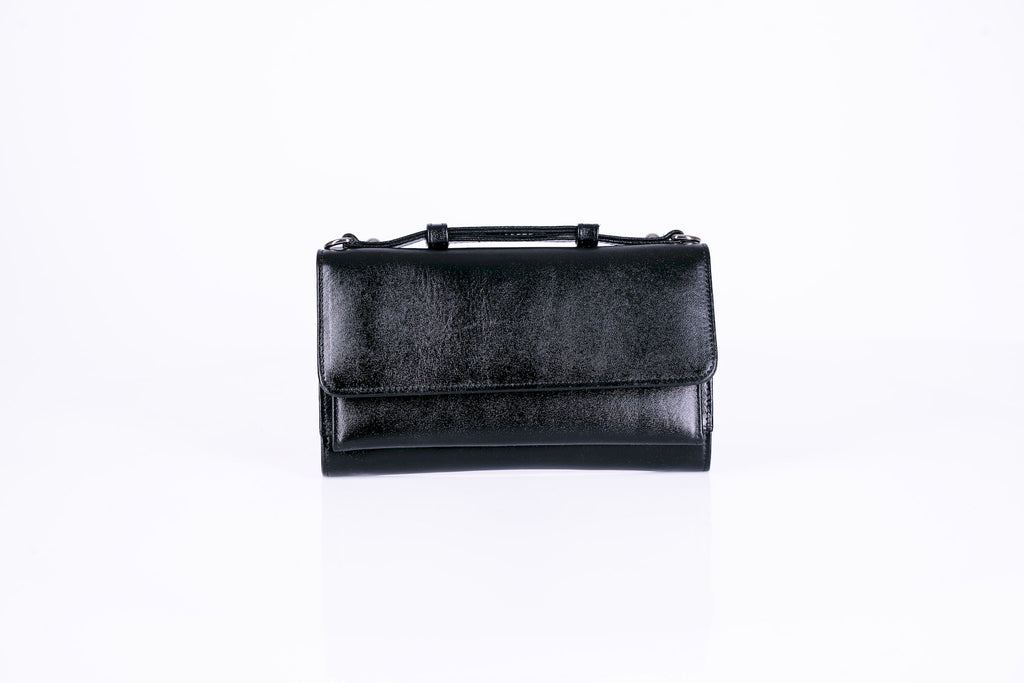 Structured Leather Clutch with Flap, Handle and Shoulder Strap
