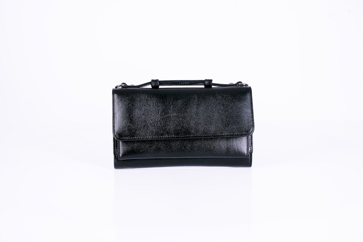 Structured Leather Clutch with Flap, Handle and Shoulder Strap