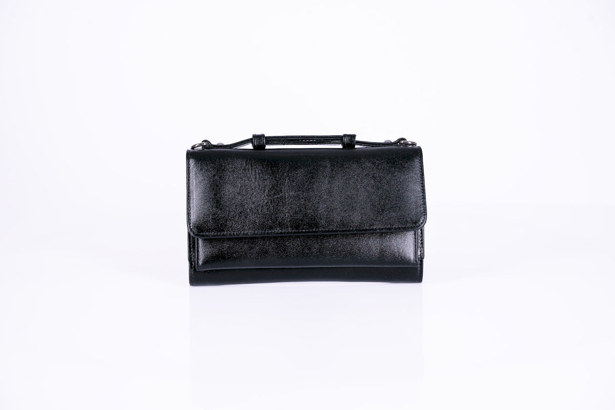 Structured Leather Clutch with Flap, Handle and Shoulder Strap