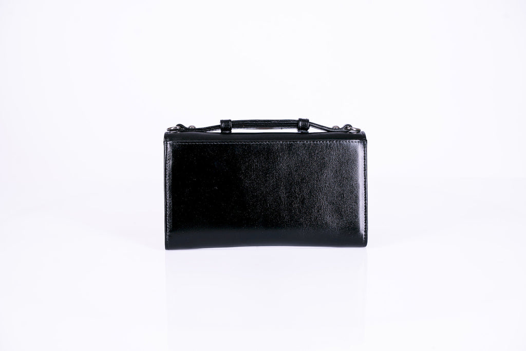 Structured Leather Clutch with Flap, Handle and Shoulder Strap