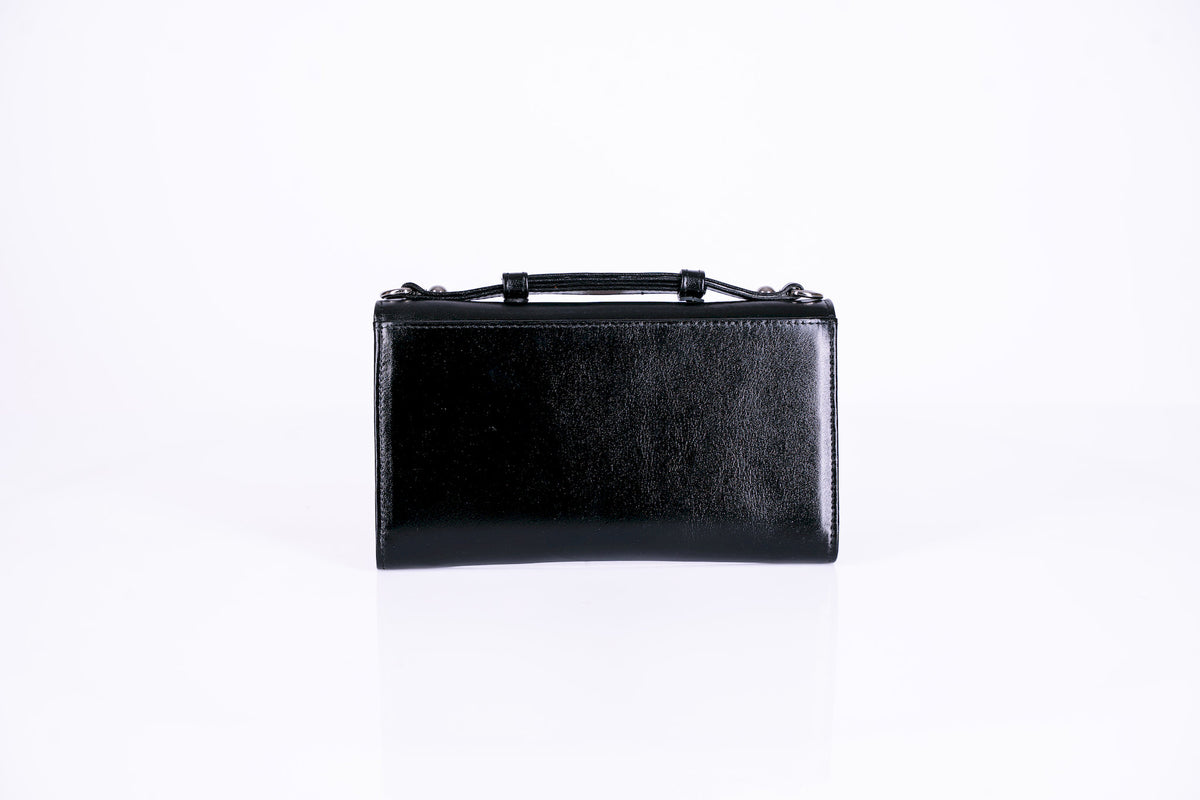 Structured Leather Clutch with Flap, Handle and Shoulder Strap