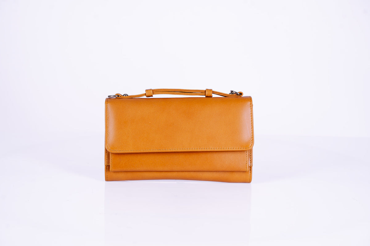 Structured Leather Clutch with Flap, Handle and Shoulder Strap