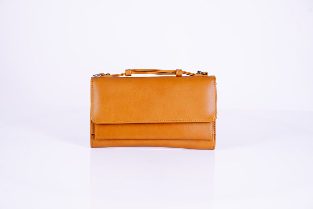 Structured Leather Clutch with Flap, Handle and Shoulder Strap
