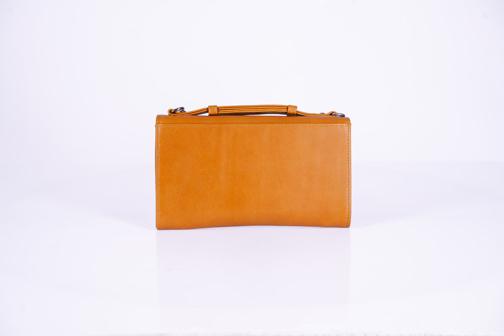 Structured Leather Clutch with Flap, Handle and Shoulder Strap