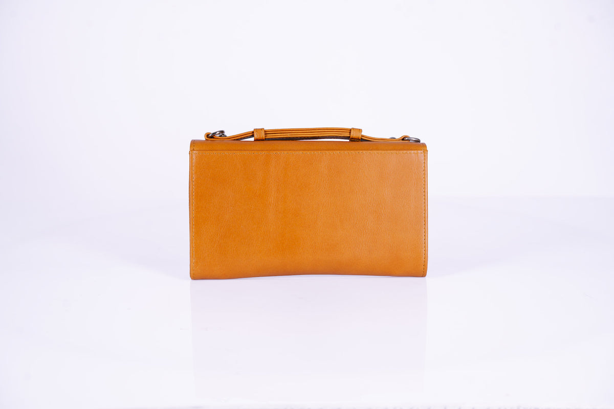 Structured Leather Clutch with Flap, Handle and Shoulder Strap