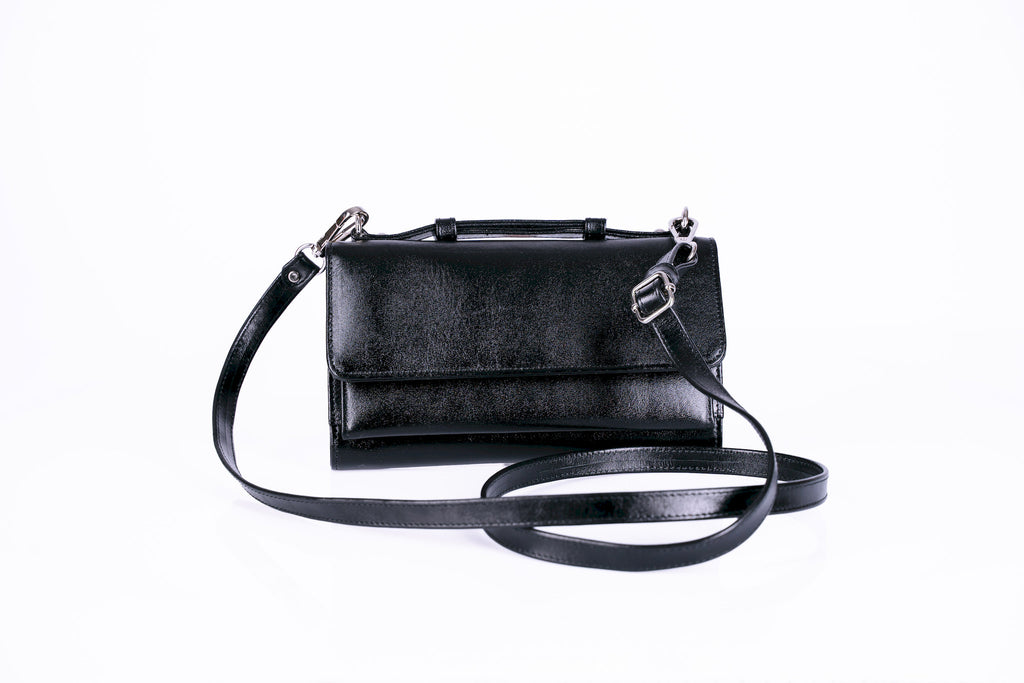 Structured Leather Clutch with Flap, Handle and Shoulder Strap